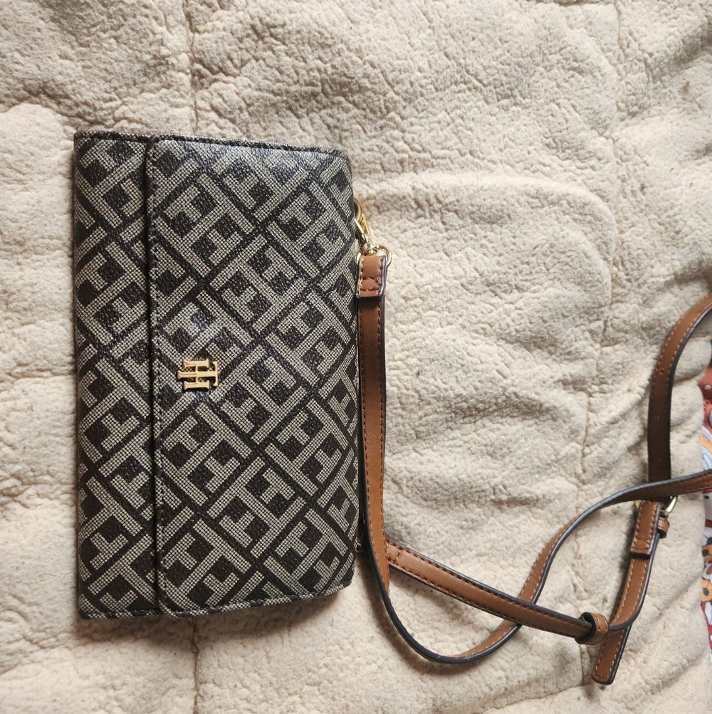 Tommy Hilfiger Black and Brown Monogram Crossbody